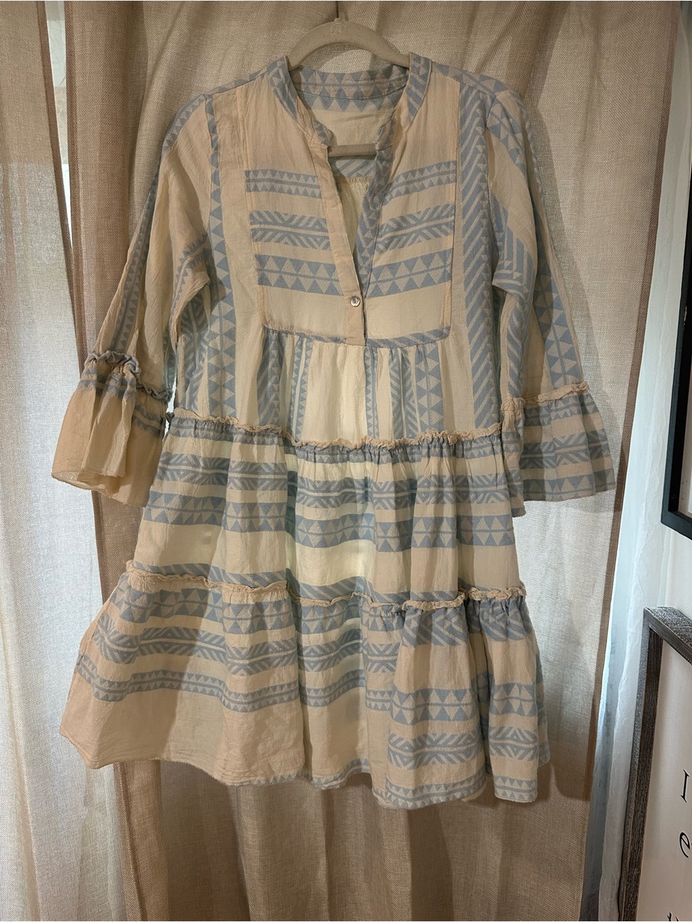 Greek Tiered Tunic Dress in Cream and Light Blue OS